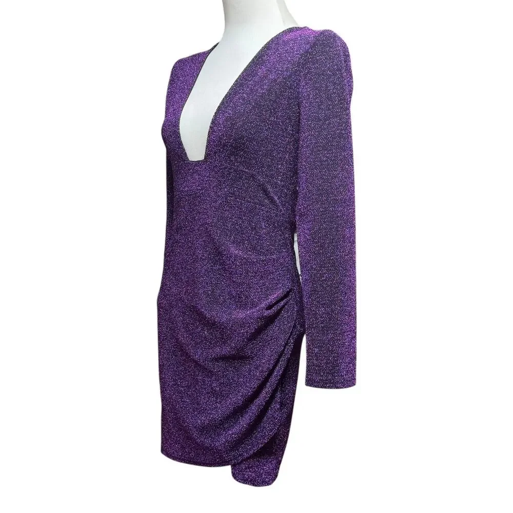 Long Sleeve Open Back Mini Dress Black Purple Sparkle Large